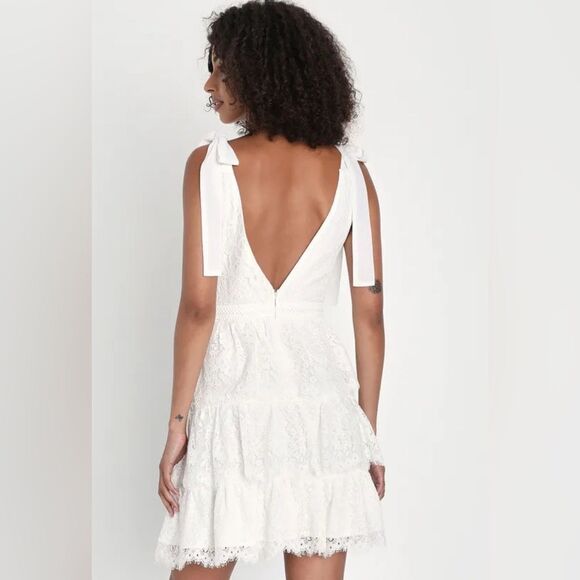 Lulus Sweet Flattery White Lace Tiered Tie-Strap Mini Dress in Size Small. NWT! - Picture 2 of 10